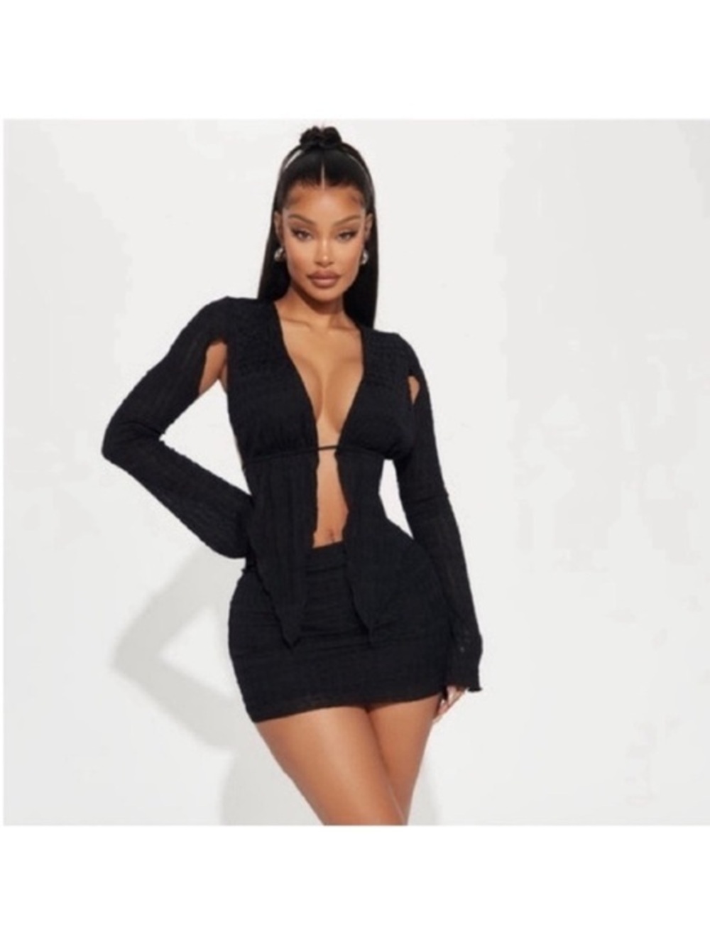 Plunging Black Knit Cutout Two-Piece Set